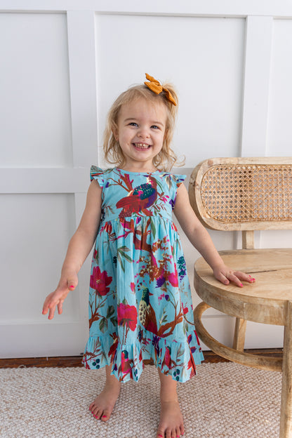 Turquoise Bird Printed Sleeve & Bottom Ruffle Dress