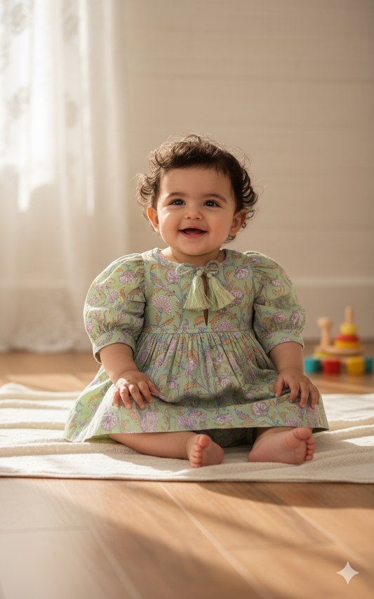 Sage-Green Floral Printed Sleeve Gathered Dress