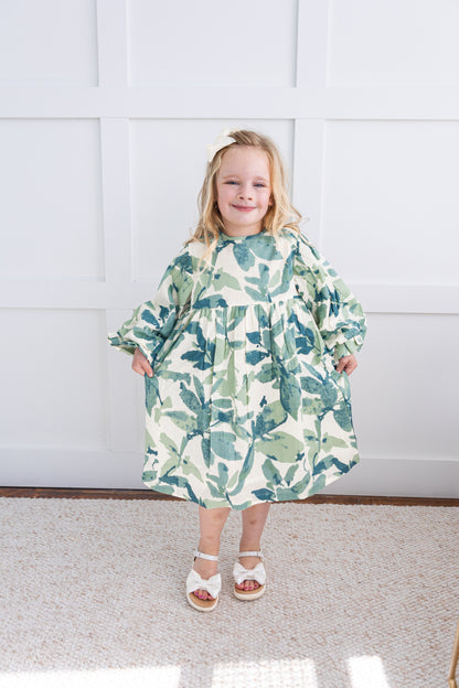 Sage-Green Leaf Printed Sleeve Gathered Dress