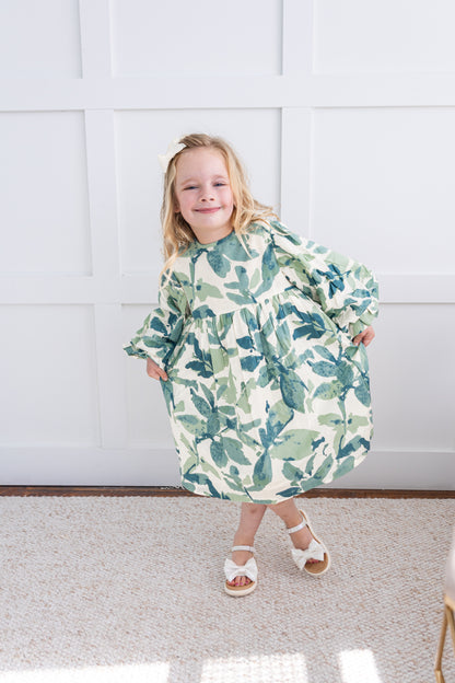 Sage-Green Leaf Printed Sleeve Gathered Dress