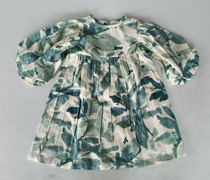 Sage-Green Leaf Printed Sleeve Gathered Dress