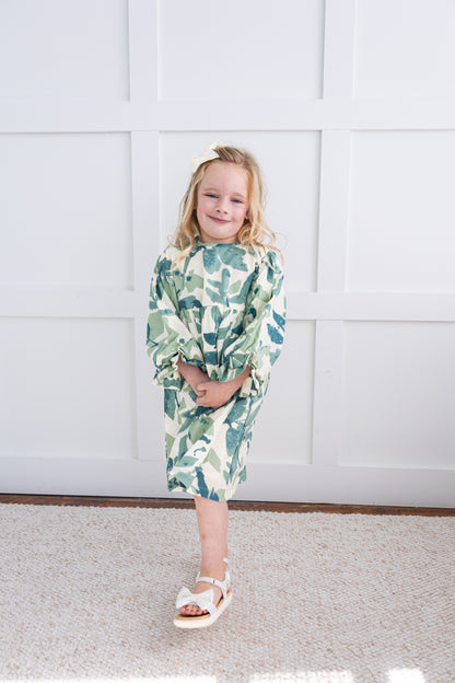 Sage-Green Leaf Printed Sleeve Gathered Dress