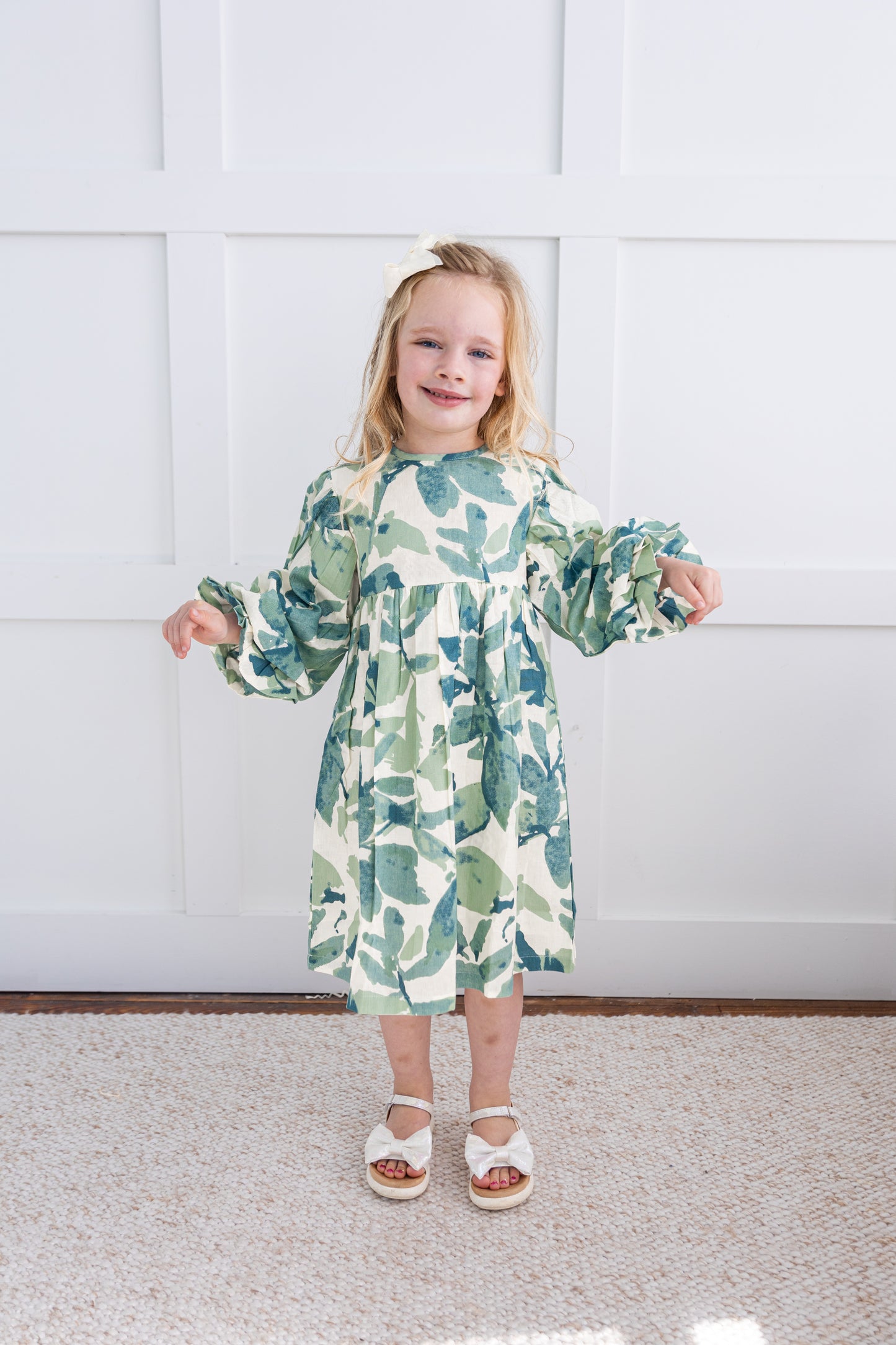 Sage-Green Leaf Printed Sleeve Gathered Dress