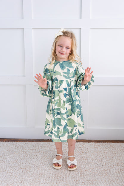 Sage-Green Leaf Printed Sleeve Gathered Dress