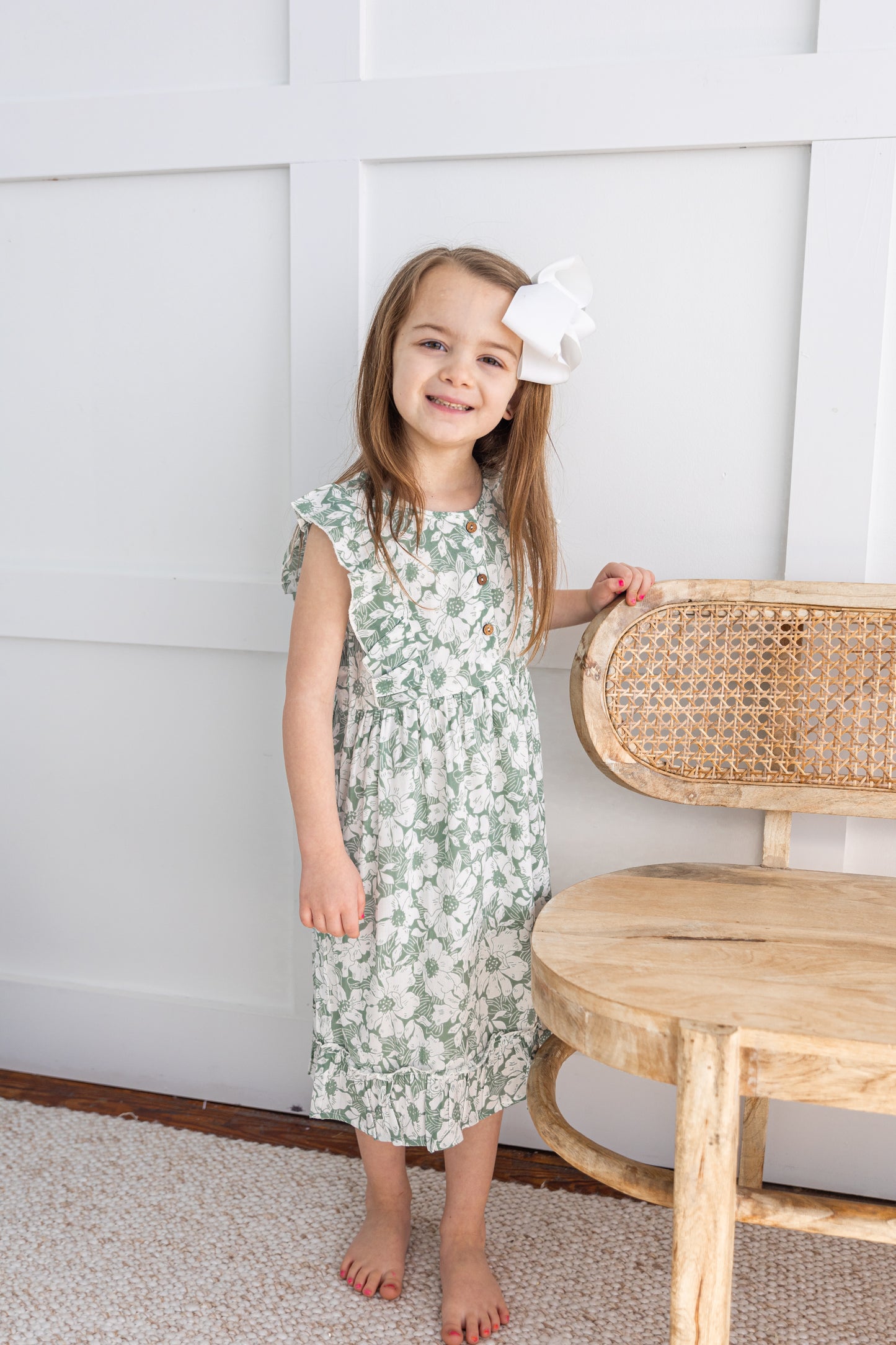 Sage-Green Printed Yoke & Bottom Ruffled Dress