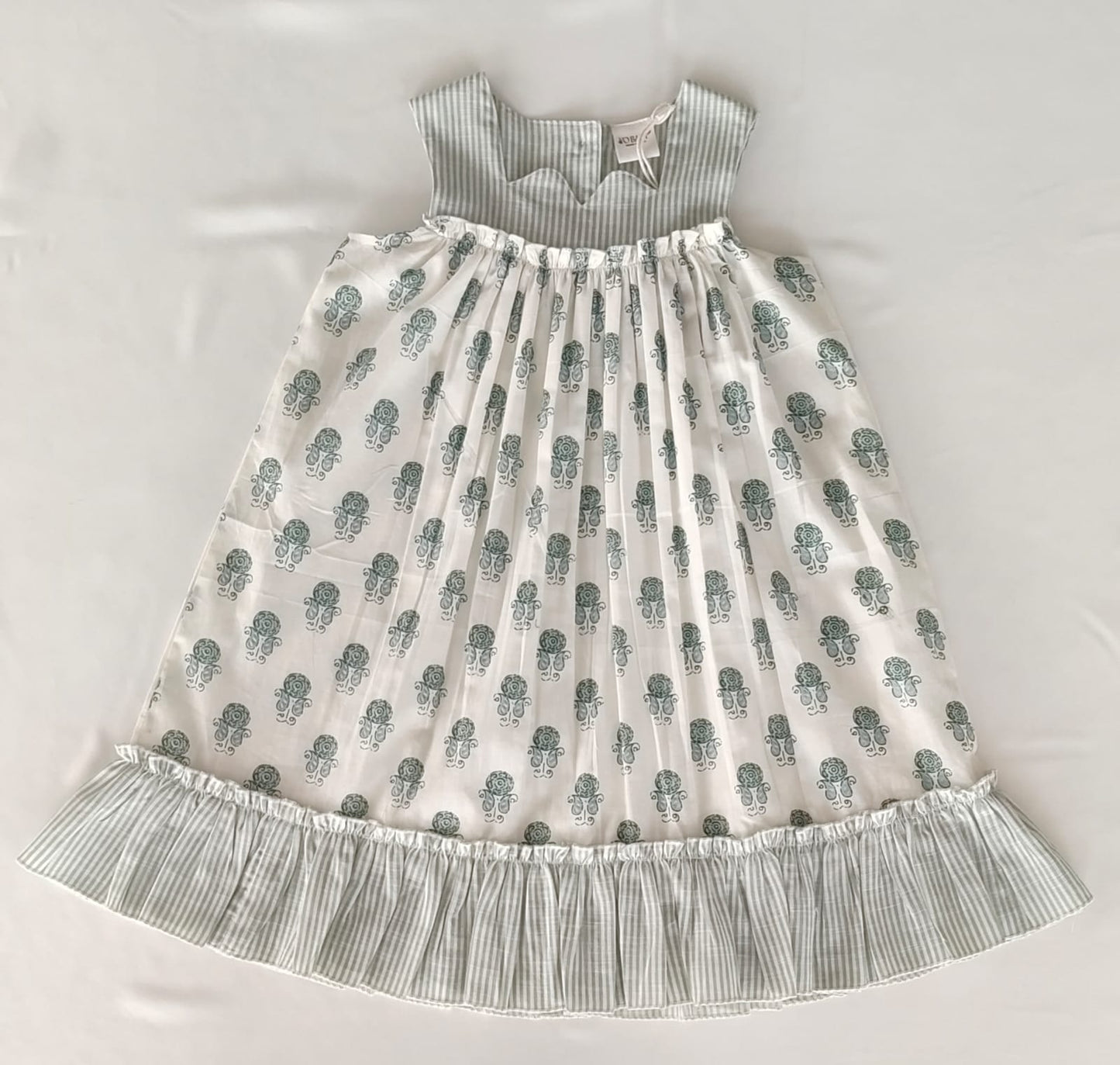 Sage Booty Print Cotton Sweetheart Neck Dress for Kids & Infants – Stripe Detail, Comfortable Fit