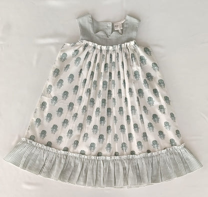 Sage Booty Print Cotton Sweetheart Neck Dress for Kids & Infants – Stripe Detail, Comfortable Fit