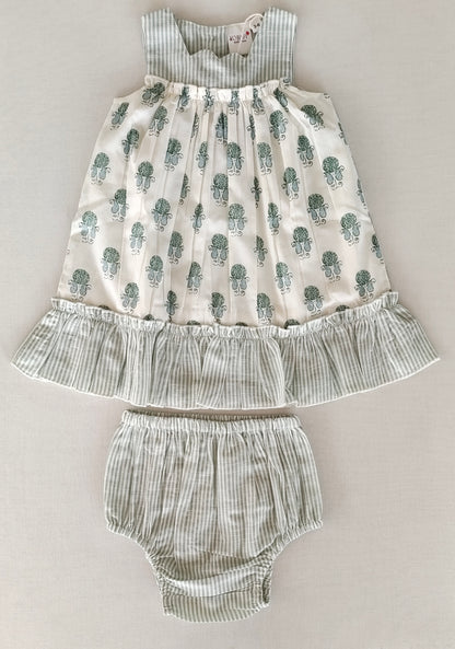 Sage Booty Print Cotton Sweetheart Neck Dress for Kids & Infants – Stripe Detail, Comfortable Fit