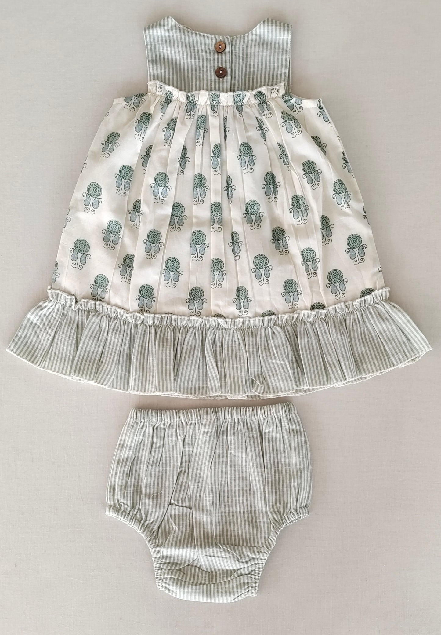 Sage Booty Print Cotton Sweetheart Neck Dress for Kids & Infants – Stripe Detail, Comfortable Fit