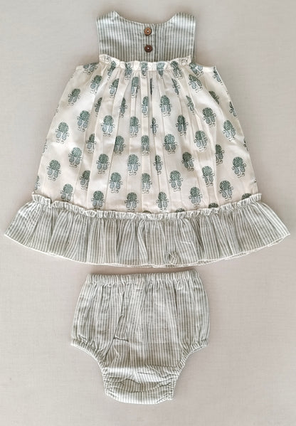 Sage Booty Print Cotton Sweetheart Neck Dress for Kids & Infants – Stripe Detail, Comfortable Fit