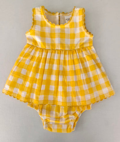 Charming Yellow Checks Fit & Flare Dress with Lace Finish