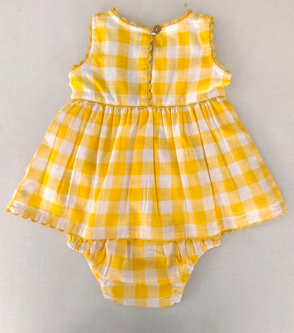 Charming Yellow Checks Fit & Flare Dress with Lace Finish