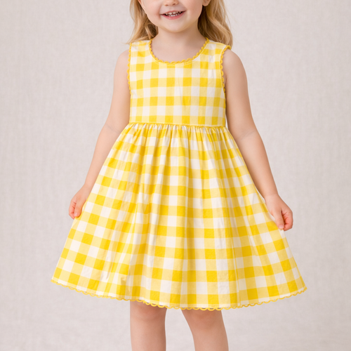 Charming Yellow Checks Fit & Flare Dress with Lace Finish