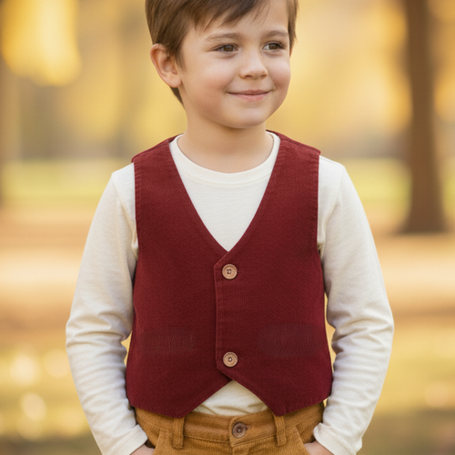 Maroon Corduroy Vest for Toddlers & Tweens – Unisex, Coconut Shell Buttons, Printed Stripe Lining