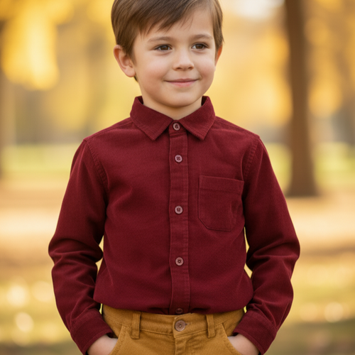 Maroon Corduroy Shirt for Toddlers & Tweens – Metal Snap Buttons, Contrast Lined Cuffs, Rounded Hem