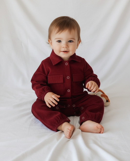 Maroon Corduroy Jumpsuit for Infants – Unisex Baby Girl & Baby Boy, Snap Button Closure, Elastic Cuffs