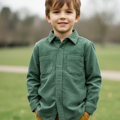 Sage Corduroy Shirt for Toddlers & Tweens – Unisex Kids, Rounded Hem, Metal Snap Buttons