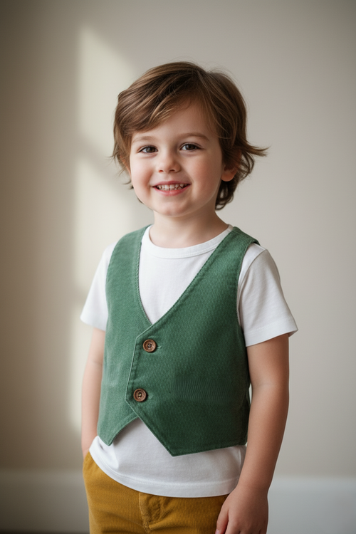 Sage Corduroy Vest for Toddlers & Tweens – Unisex Kids, Printed Stripe Lining, Coconut Buttons