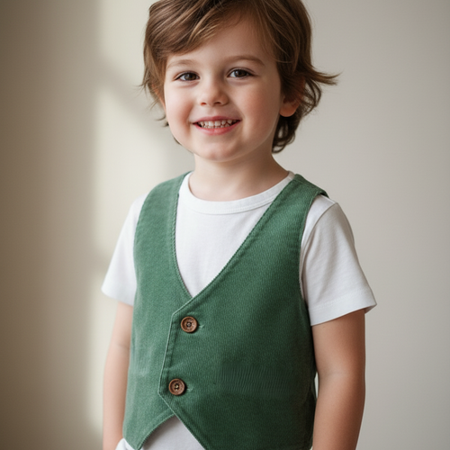 Sage Corduroy Vest for Toddlers & Tweens – Unisex Kids, Printed Stripe Lining, Coconut Buttons