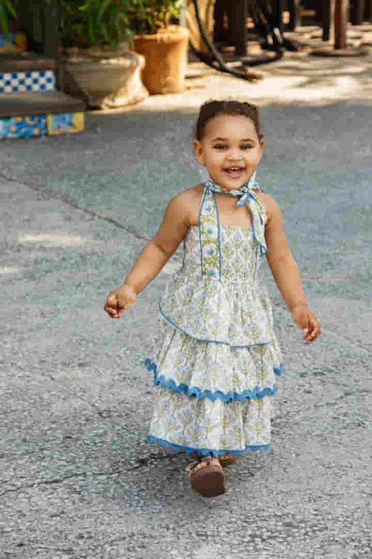 Genelia Layered Dress White with Blue Floral Print — Cotton Girls and Women Dress | 0-13 Years and Women