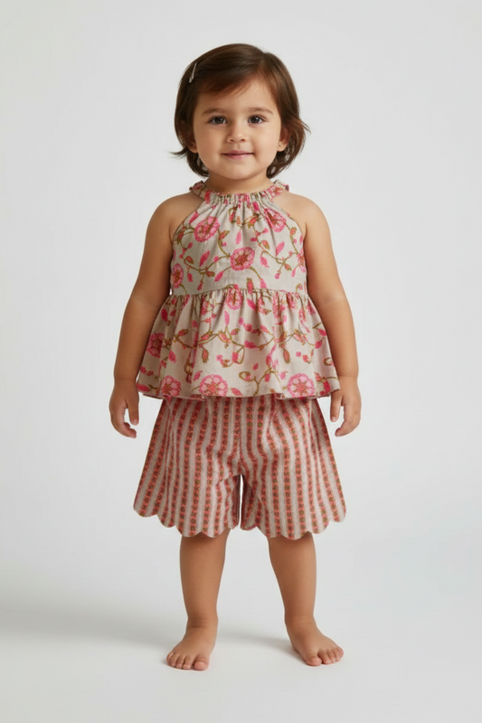 Halter Top and Shorts Set Beige — Cotton Girls Co-Ord | Infant to Tween 0-13 Years