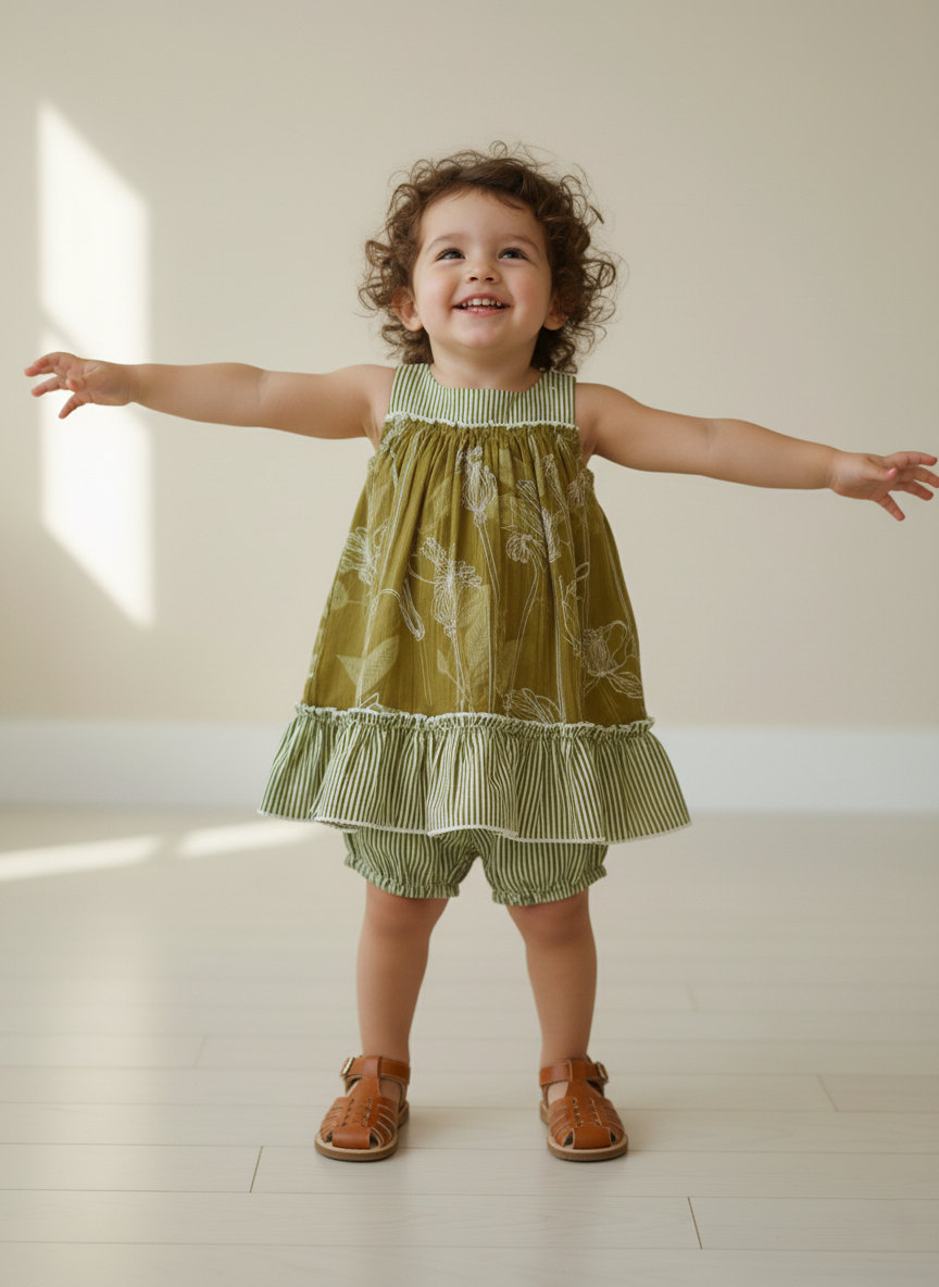 Yana Swing Dress Green — Cotton Girls Dress | Infant to Tween 0-13 Years