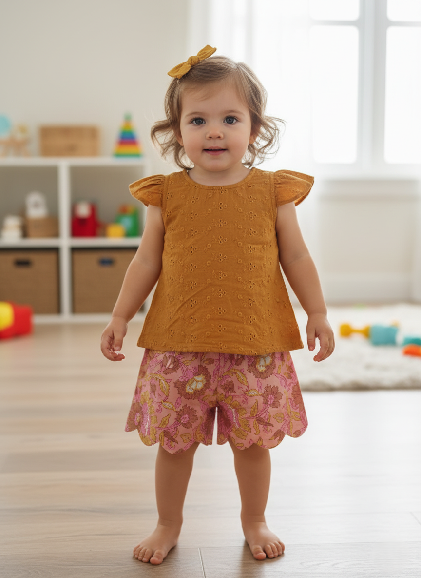 Reva Shorts and Top Set Gold Ochre — Cotton Girls Co-Ord | Infant to Tween 0-13 Years