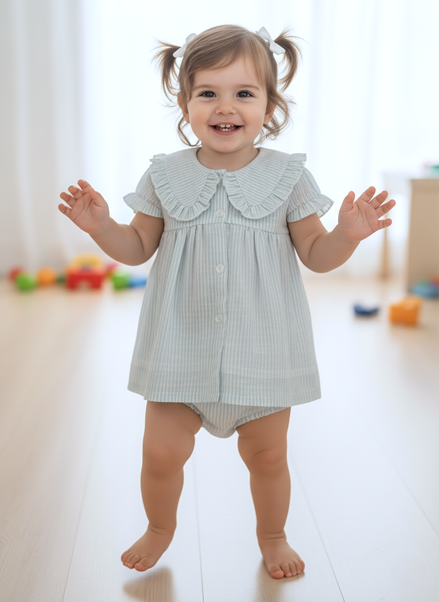 Striped Dress with Collar Soft Blue — Cotton Girls Dress | Infant to Tween 0-13 Years
