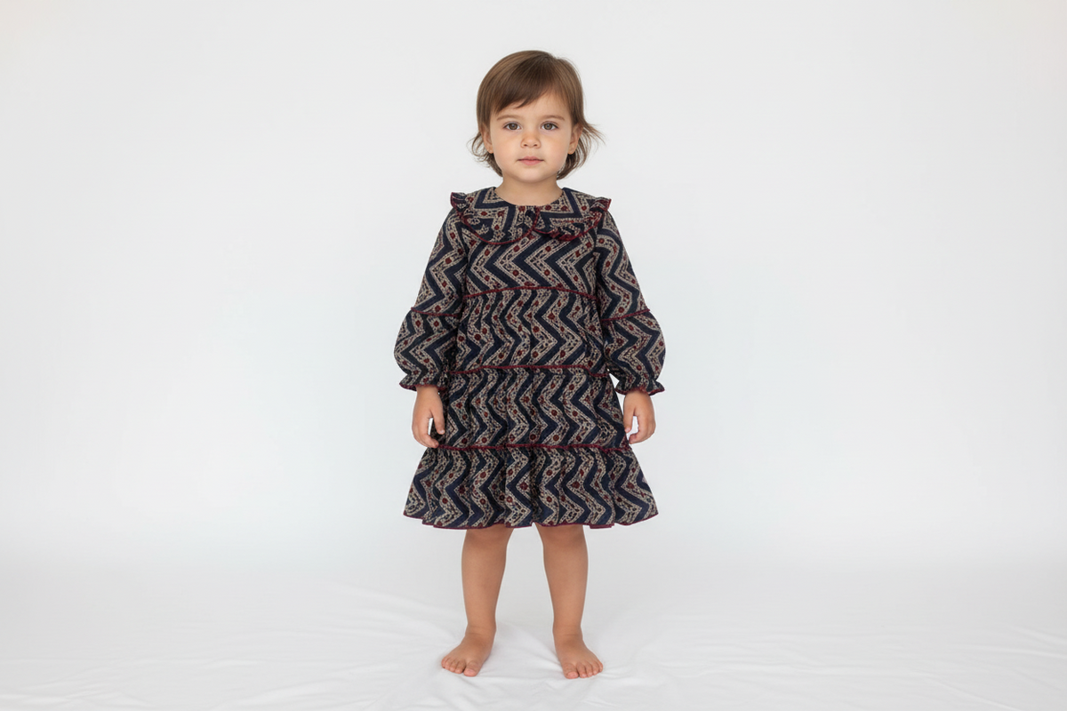 Noel Printed Peter Pan Collar Tiered Dress - Midnight