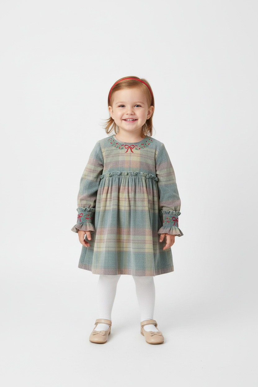 Arlo Hand-Embroidered Corduroy A-Line Dress Blue — Cotton Girls Dress | 0-13 Years
