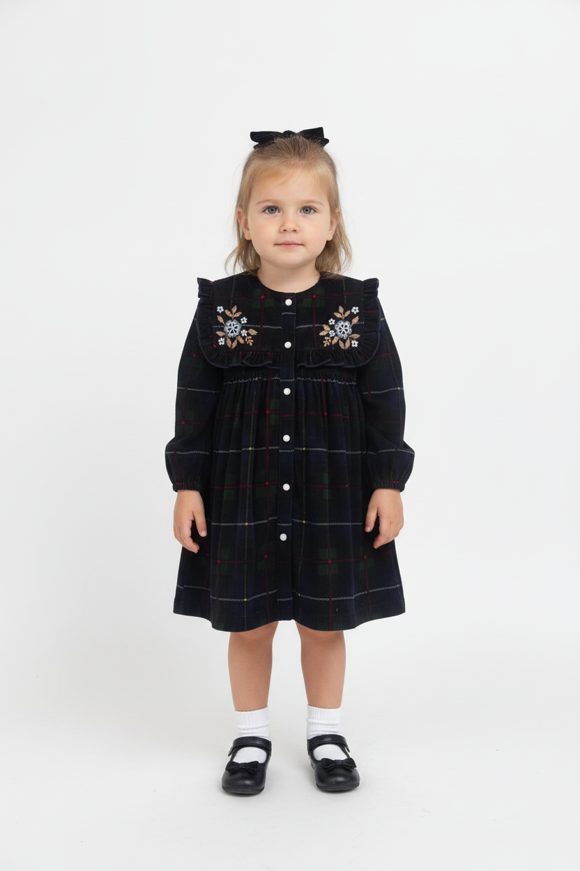 Holly Corduroy Hand-Embroidered Sailor-Collar Shirt Dress - Green