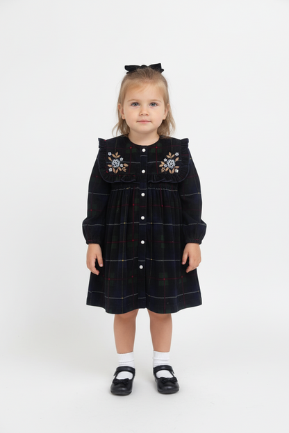 Holly Corduroy Hand-Embroidered Sailor-Collar Shirt Dress - Green