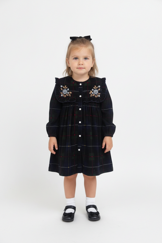 Holly Corduroy Hand-Embroidered Sailor-Collar Shirt Dress - Green
