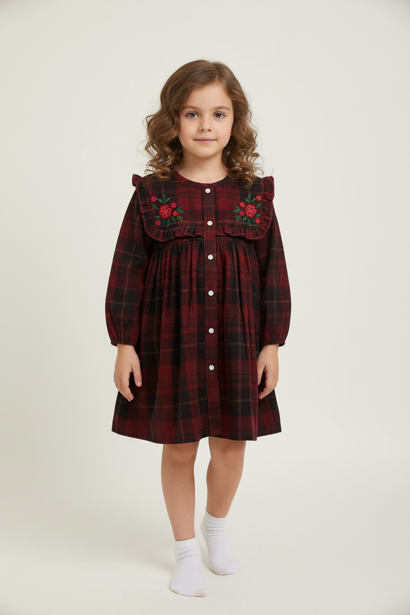 Holly Corduroy Hand-Embroidered Sailor-Collar Shirt Dress - Red