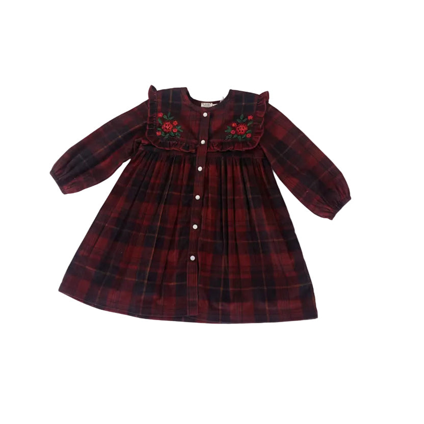 Holly Corduroy Hand-Embroidered Sailor-Collar Shirt Dress - Red