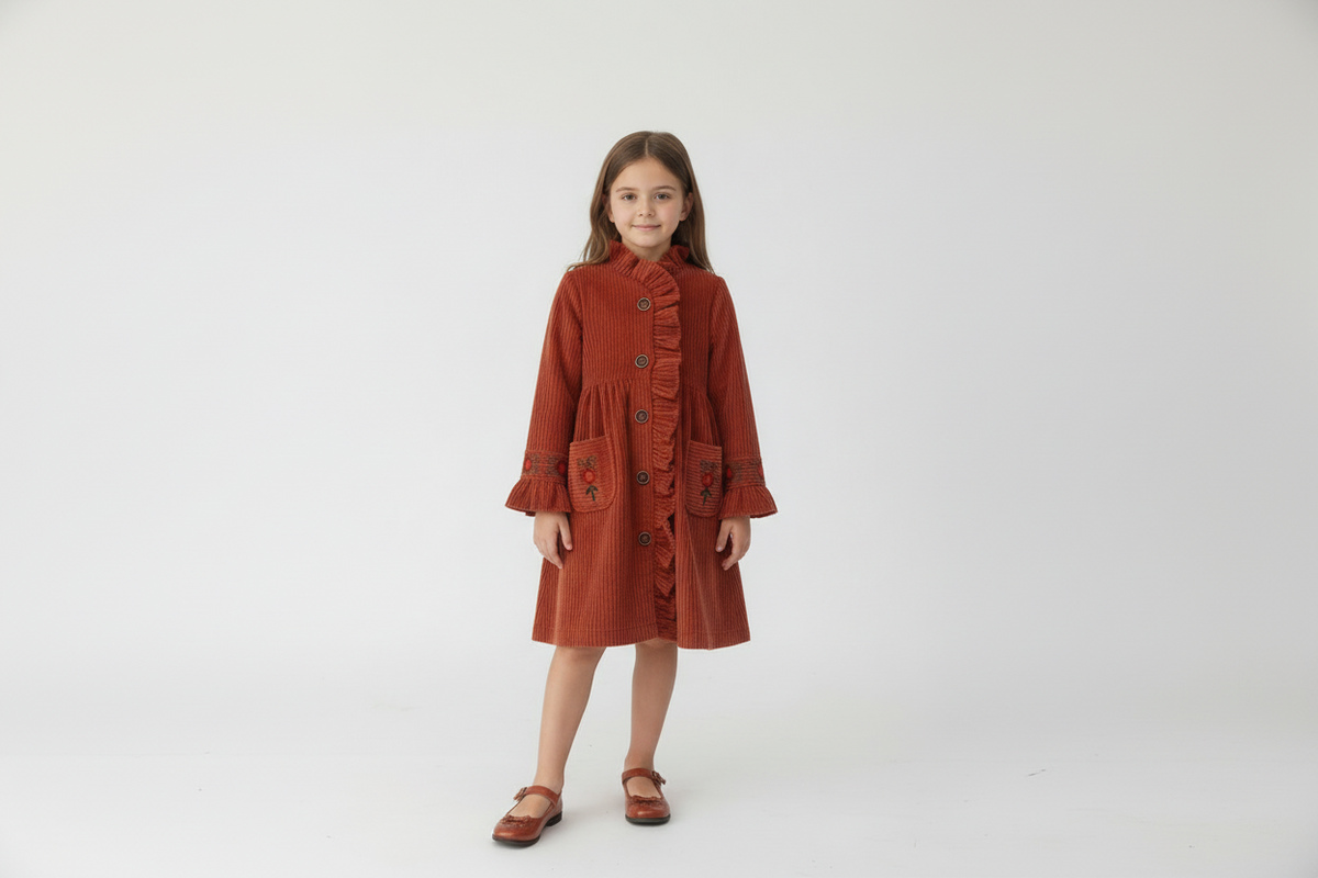 Willow Corduroy Shirt Dress With Hand Embroidery - Rust