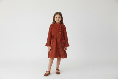 Willow Corduroy Shirt Dress With Hand Embroidery - Rust