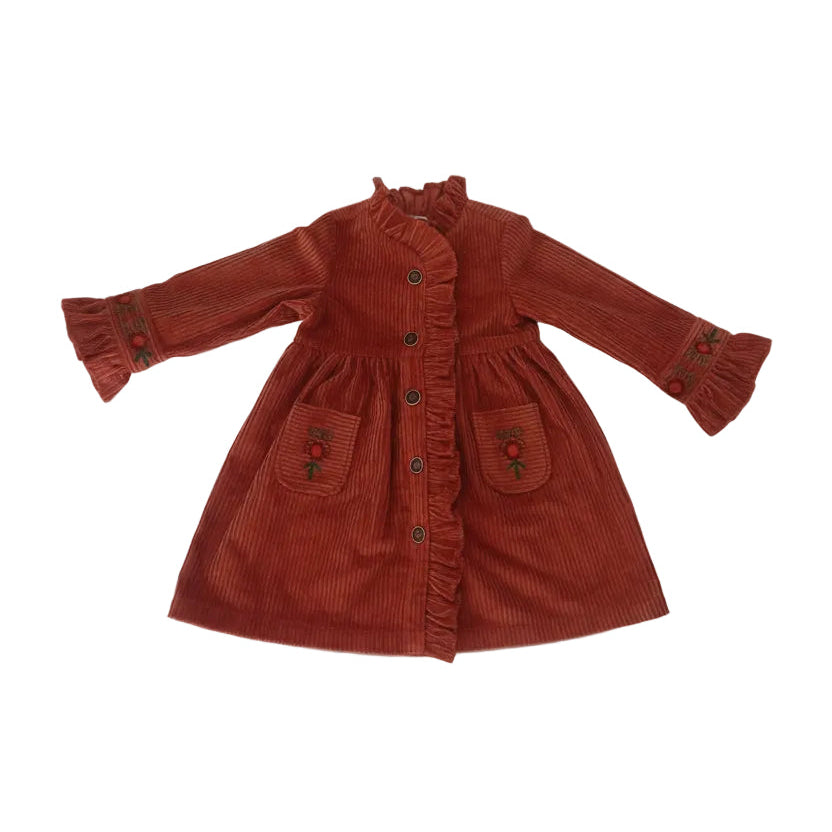 Willow Corduroy Shirt Dress With Hand Embroidery - Rust