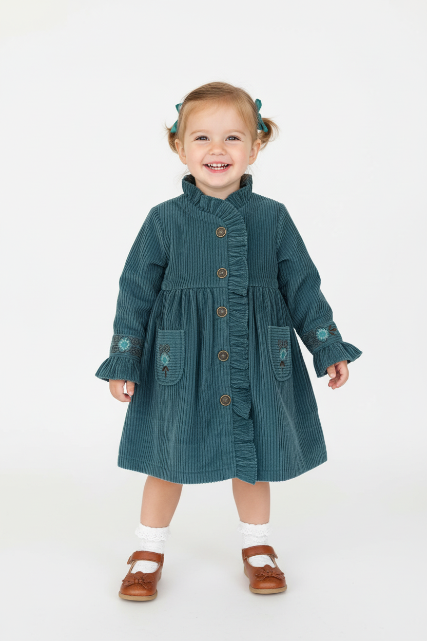Willow Corduroy Shirt Dress With Hand Embroidery - Blue