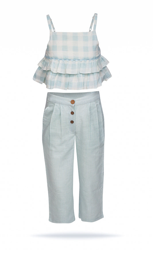 Adorable 2-Piece Light Blue Checks Top & Striped Pants Set for Kids & Infants top & pant set Yo Baby India 