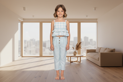 Light Blue Checks Top & Striped Pants Set for Kids & Infants – 2-Piece Cotton Outfit with Adjustable Straps & Bloomer
