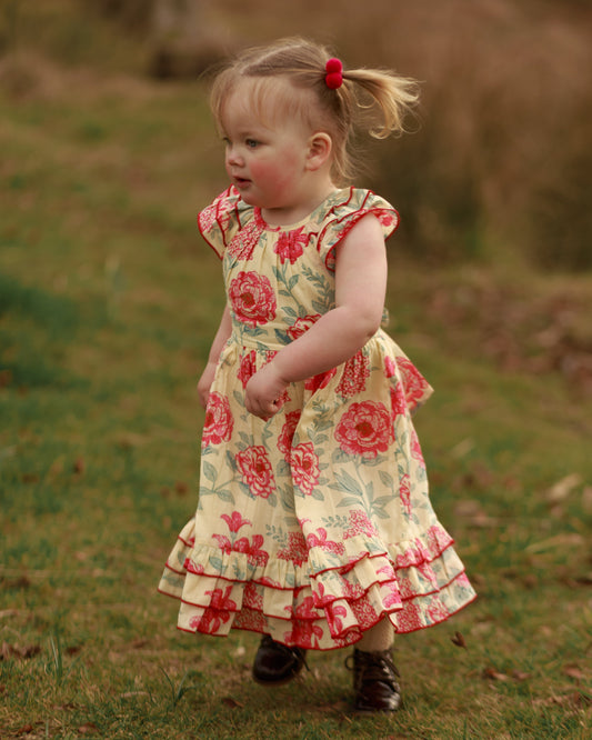 Adorable Red Floral Kids' Dress with Cap Sleeves and Frill Layers DRESS Yo Baby India 