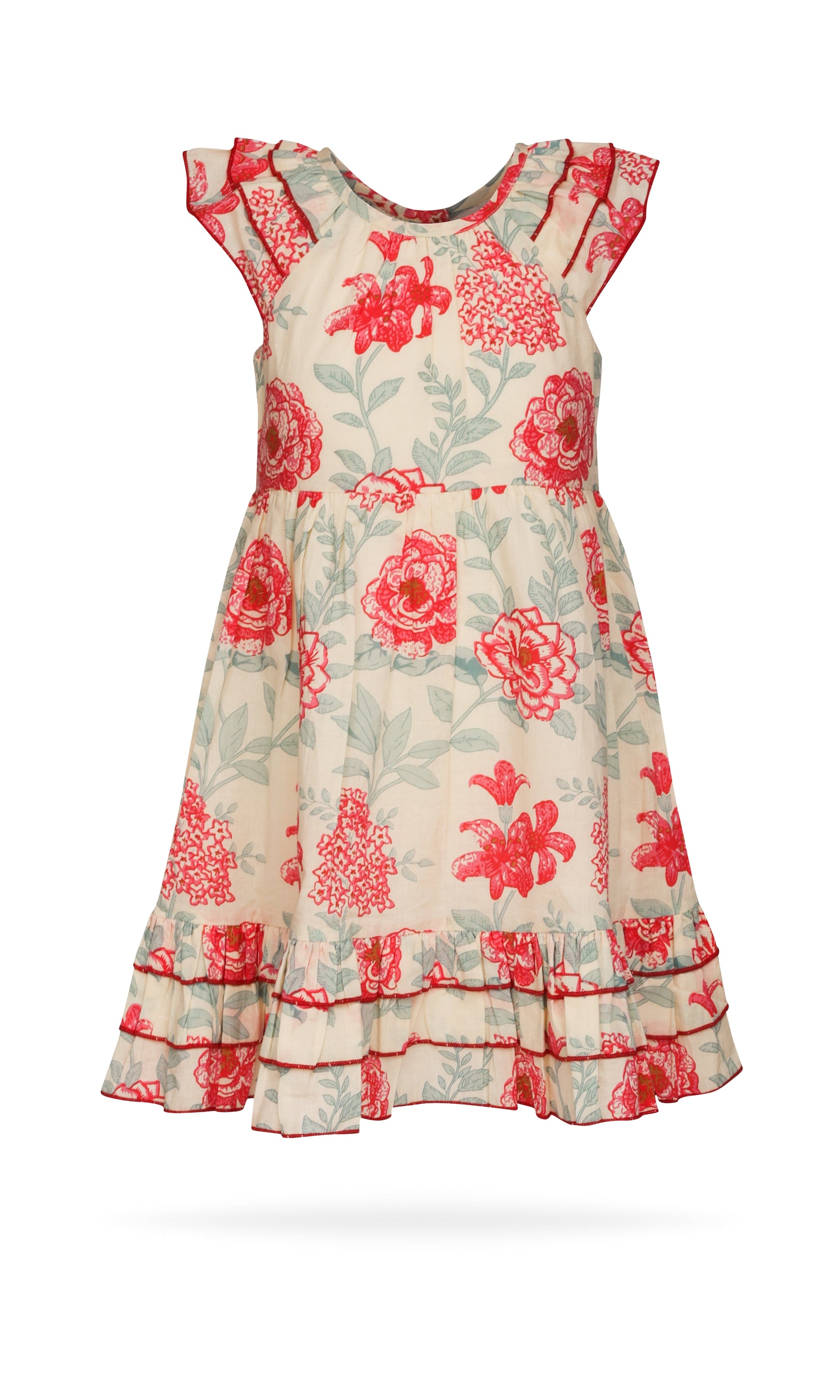 Adorable Red Floral Kids' Dress with Cap Sleeves and Frill Layers DRESS Yo Baby India 