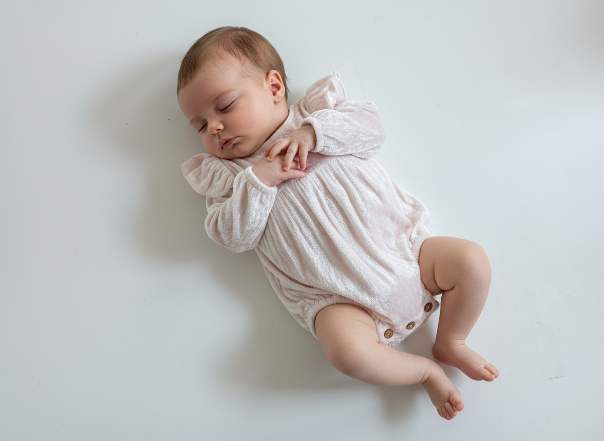 Baby Pink Viscose Velvet Full Sleeves Ruffle Romper