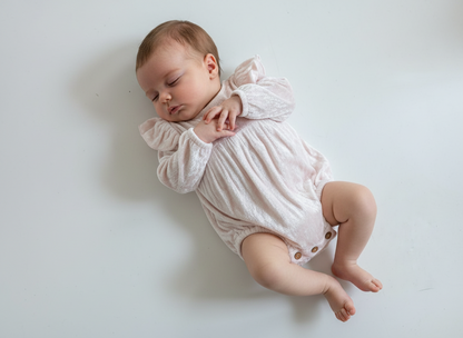Baby Pink Viscose Velvet Full Sleeves Ruffle Romper
