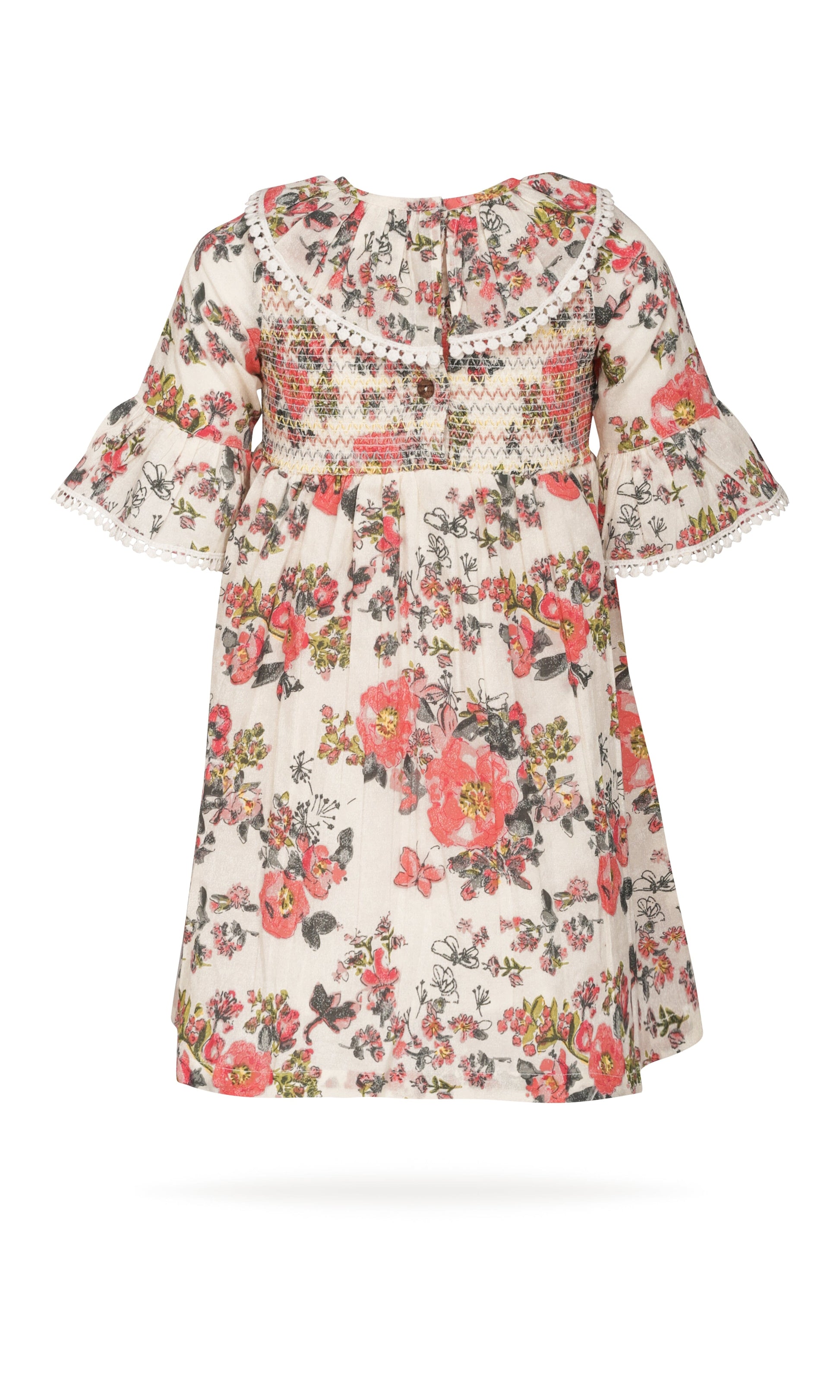 Beige Printed Fit & Flare Dress with Smocked Waist and Ruffle Details dress & diaper cover Yo Baby India 