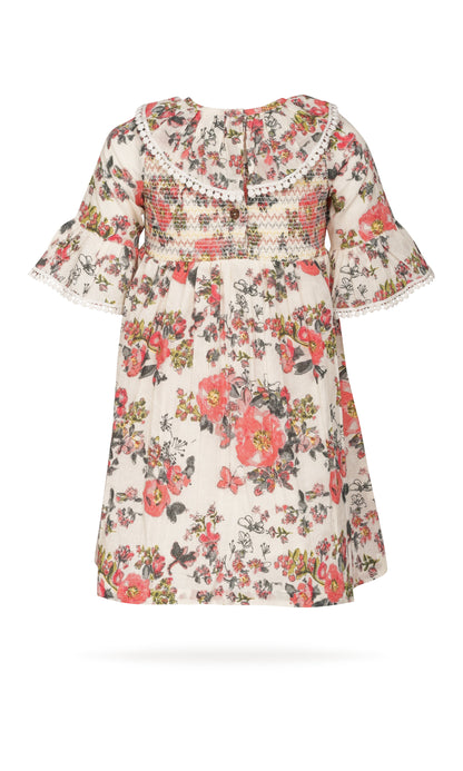 Beige Printed Fit & Flare Dress with Smocked Waist and Ruffle Details dress & diaper cover Yo Baby India 