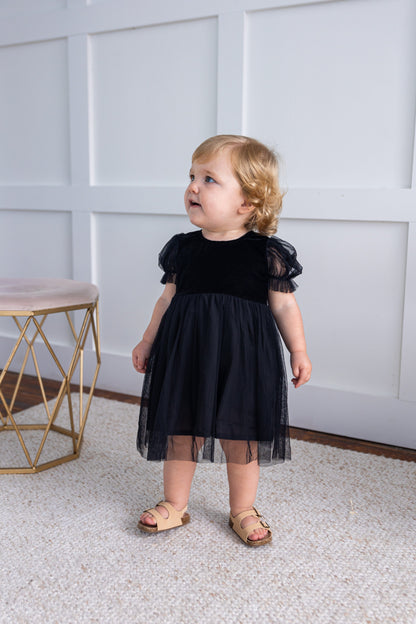 Black Tulle Solid Color Puff Sleeves Gathered Dress dress & diaper cover DRESS Yo Baby India 