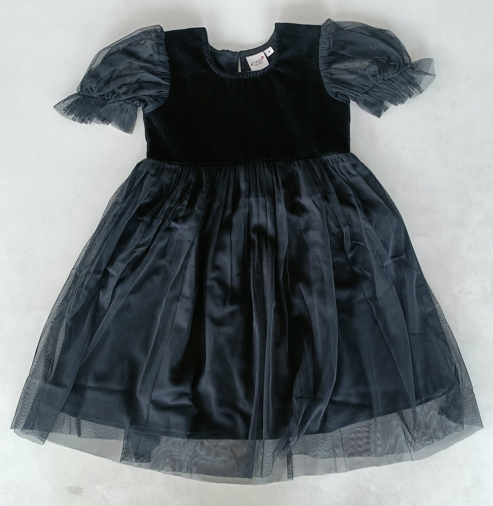 Black Tulle Solid Color Puff Sleeves Gathered Dress dress & diaper cover DRESS Yo Baby India 