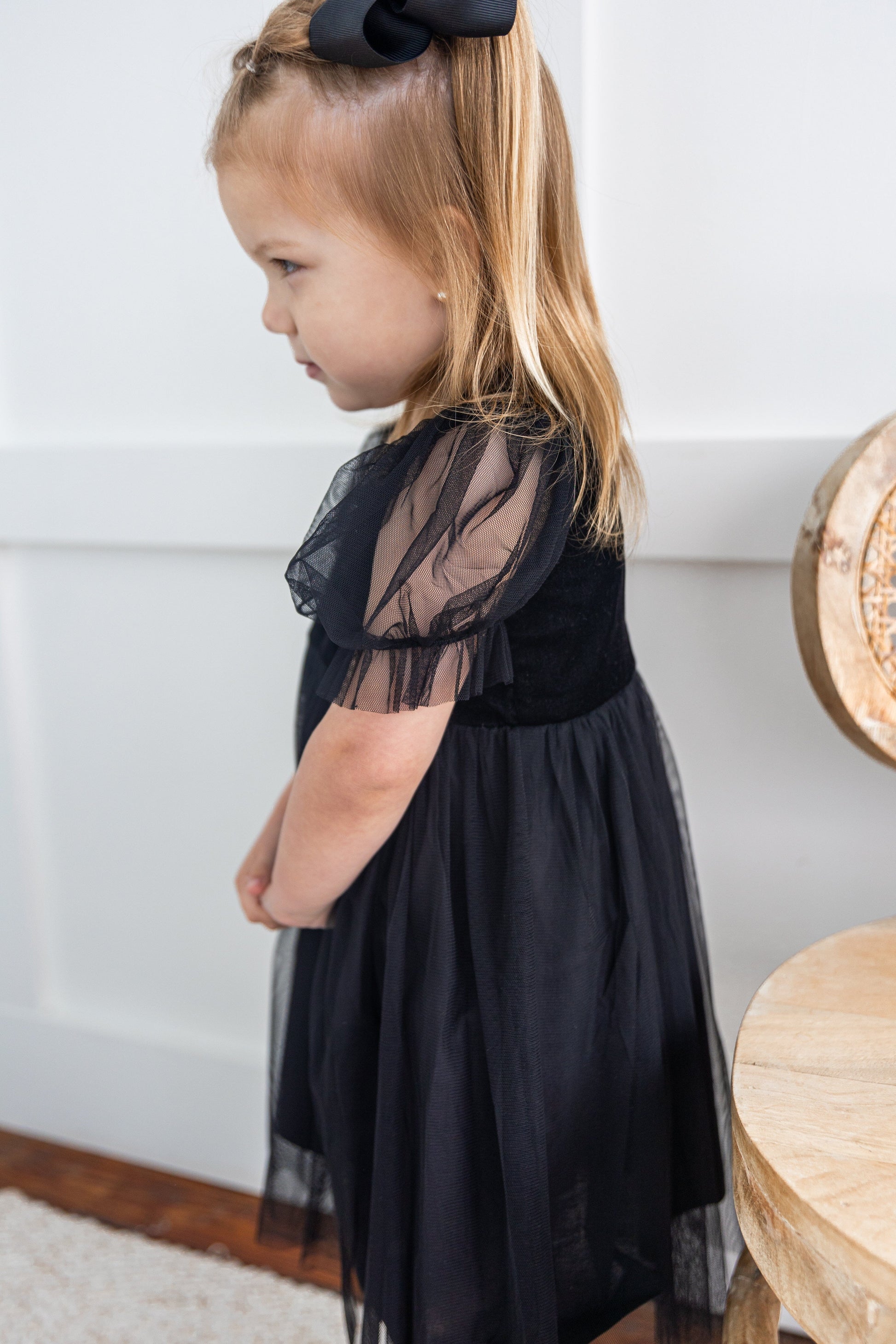 Black Tulle Solid Color Puff Sleeves Gathered Dress dress & diaper cover DRESS Yo Baby India 